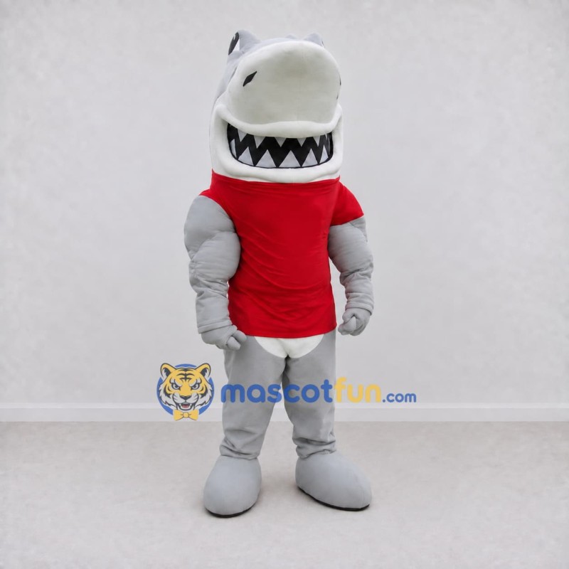 Custom Gray and Red Shark Character in a Jersey Mascot Costume Adult Full Body Suit for Sports Events Custom Gray and Red Shark Character in a Jersey Mascot Costume Adult Full Body Suit for Sports Events