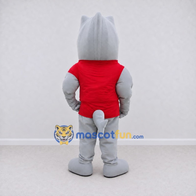 Custom Gray and Red Shark Character in a Jersey Mascot Costume Adult Full Body Suit for Sports Events Custom Gray and Red Shark Character in a Jersey Mascot Costume Adult Full Body Suit for Sports Events