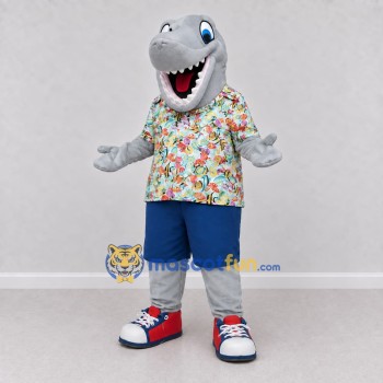 Custom Gray and Blue Shark Character in a Tropical Shirt Mascot Costume Adult Full Body Suit for Summer Events