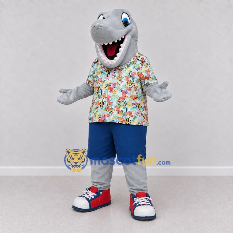 Custom Gray and Blue Shark Character in a Tropical Shirt Mascot Costume Adult Full Body Suit for Summer Events Custom Gray and Blue Shark Character in a Tropical Shirt Mascot Costume Adult Full Body Suit for Summer Events