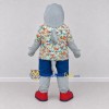 Custom Gray and Blue Shark Character in a Tropical Shirt Mascot Costume Adult Full Body Suit for Summer Events Custom Gray and Blue Shark Character in a Tropical Shirt Mascot Costume Adult Full Body Suit for Summer Events