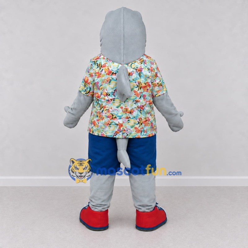 Custom Gray and Blue Shark Character in a Tropical Shirt Mascot Costume Adult Full Body Suit for Summer Events Custom Gray and Blue Shark Character in a Tropical Shirt Mascot Costume Adult Full Body Suit for Summer Events