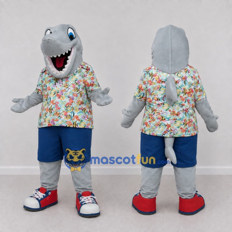 Custom Gray and Blue Shark Character in a Tropical Shirt Mascot Costume Adult Full Body Suit for Summer Events Custom Gray and Blue Shark Character in a Tropical Shirt Mascot Costume Adult Full Body Suit for Summer Events