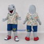 Custom Gray and Blue Shark Character in a Tropical Shirt Mascot Costume Adult Full Body Suit for Summer Events