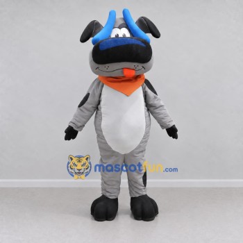 Custom Gray and Black Dog Character with a Bandana Mascot Costume Adult Full Body Suit for School Events Custom Gray and Black Dog Character with a Bandana Mascot Costume Adult Full Body Suit for School Events