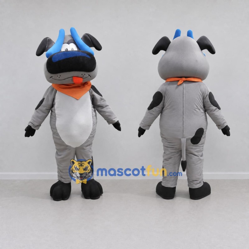 Custom Gray and Black Dog Character with a Bandana Mascot Costume Adult Full Body Suit for School Events Custom Gray and Black Dog Character with a Bandana Mascot Costume Adult Full Body Suit for School Events