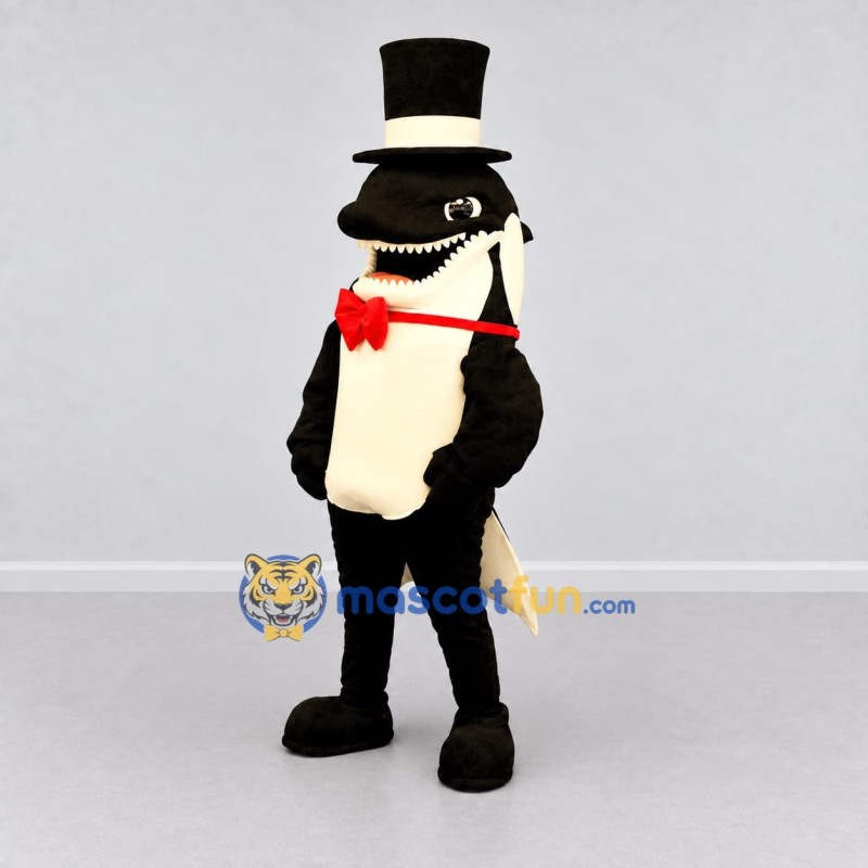 Custom Black and Cream Shark Character with a Top Hat Mascot Costume Adult Full Body Suit for Theme Parties Custom Black and Cream Shark Character with a Top Hat Mascot Costume Adult Full Body Suit for Theme Parties
