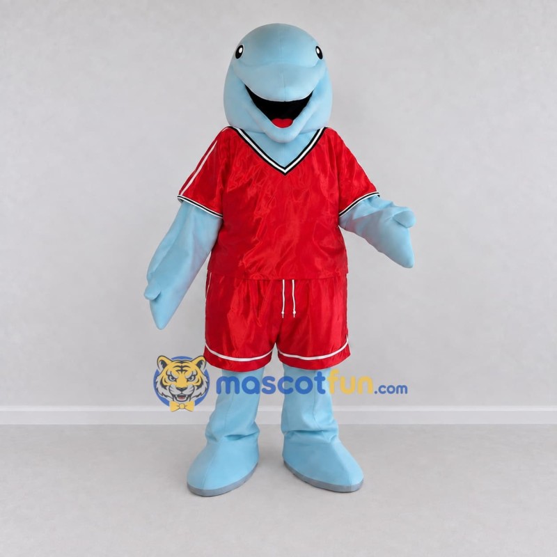 Custom Blue and Red Dolphin Character in Sportswear Mascot Costume Adult Full Body Suit for Sports Events Custom Blue and Red Dolphin Character in Sportswear Mascot Costume Adult Full Body Suit for Sports Events