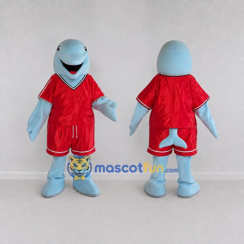 Custom Blue and Red Dolphin Character in Sportswear Mascot Costume Adult Full Body Suit for Sports Events Custom Blue and Red Dolphin Character in Sportswear Mascot Costume Adult Full Body Suit for Sports Events