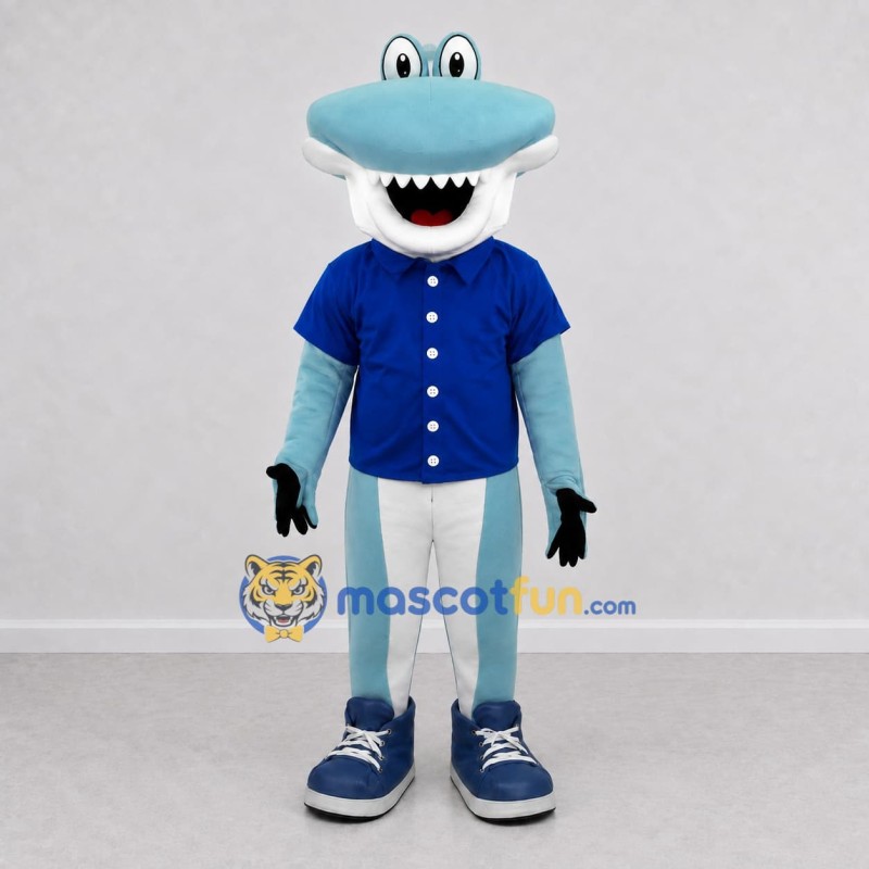 Custom Blue and White Hammerhead Shark Character in a Shirt Mascot Costume Adult Full Body Suit for Ocean Events Custom Blue and White Hammerhead Shark Character in a Shirt Mascot Costume Adult Full Body Suit for Ocean Events