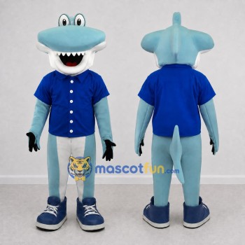Custom Blue and White Hammerhead Shark Character in a Shirt Mascot Costume Adult Full Body Suit for Ocean Events