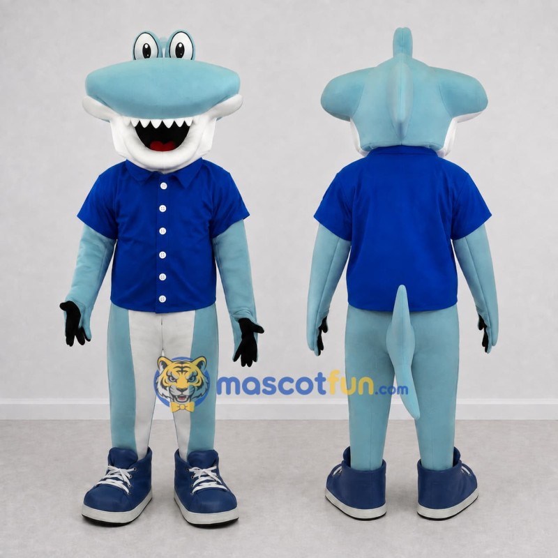 Custom Blue and White Hammerhead Shark Character in a Shirt Mascot Costume Adult Full Body Suit for Ocean Events Custom Blue and White Hammerhead Shark Character in a Shirt Mascot Costume Adult Full Body Suit for Ocean Events