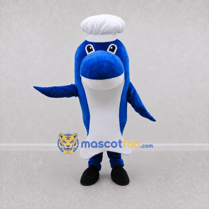 Custom Blue and White Dolphin Chef Character Mascot Costume Adult Full Body Suit for Food Festivals