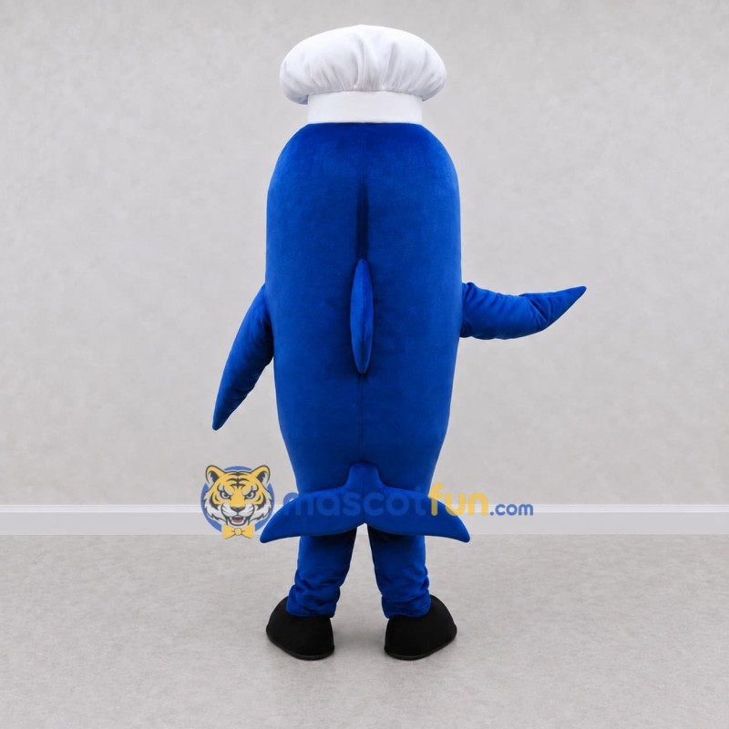 Custom Blue and White Dolphin Chef Character Mascot Costume Adult Full Body Suit for Food Festivals