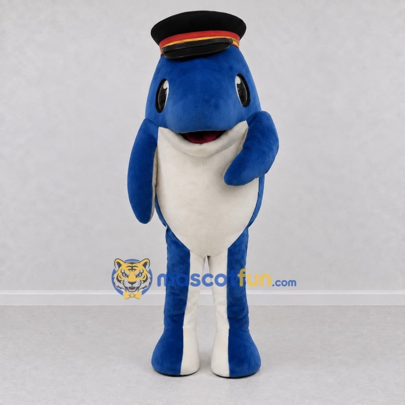 Custom Blue and White Dolphin Character with a Captain Hat Mascot Costume Adult Full Body Suit for Ocean Events