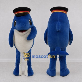 Custom Blue and White Dolphin Character with a Captain Hat Mascot Costume Adult Full Body Suit for Ocean Events