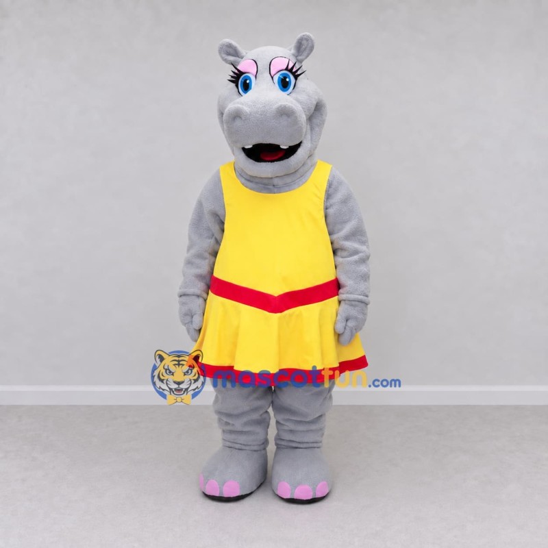 Custom Gray and Yellow Hippo Character in a Dress Mascot Costume Adult Full Body Suit for School Events Custom Gray and Yellow Hippo Character in a Dress Mascot Costume Adult Full Body Suit for School Events