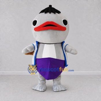 Custom Gray and Purple Fish Character in an Apron Mascot Costume Adult Full Body Suit for Theme Parties Custom Gray and Purple Fish Character in an Apron Mascot Costume Adult Full Body Suit for Theme Parties