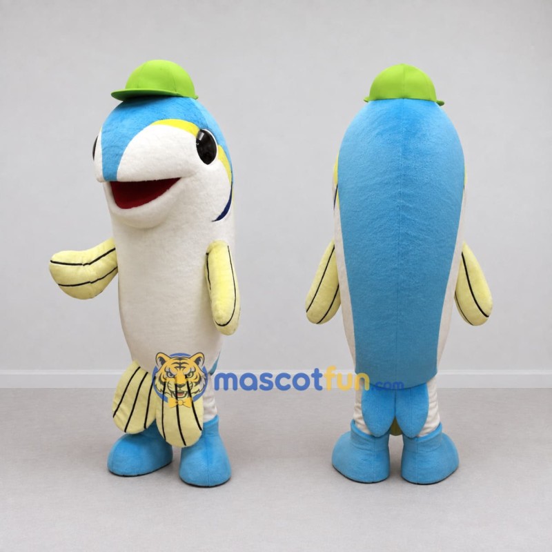 Custom Blue and Cream Fish Character with a Cap Mascot Costume Adult Full Body Suit for Summer Events Custom Blue and Cream Fish Character with a Cap Mascot Costume Adult Full Body Suit for Summer Events