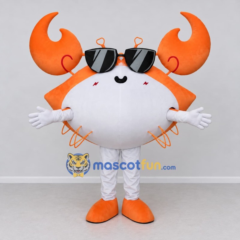Custom Orange and White Crab Character with Sunglasses Mascot Costume Adult Full Body Suit for Summer Events Custom Orange and White Crab Character with Sunglasses Mascot Costume Adult Full Body Suit for Summer Events