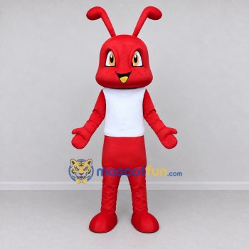 Custom Red and White Ant Character in a T-Shirt Mascot Costume Adult Full Body Suit for School Events