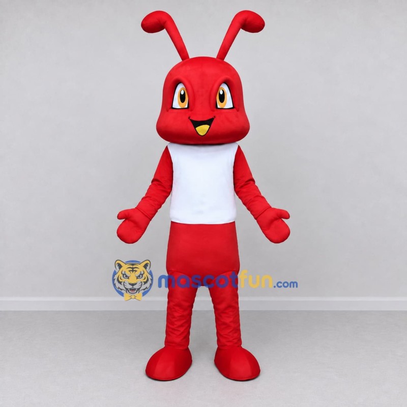 Custom Red and White Ant Character in a T-Shirt Mascot Costume Adult Full Body Suit for School Events Custom Red and White Ant Character in a T-Shirt Mascot Costume Adult Full Body Suit for School Events