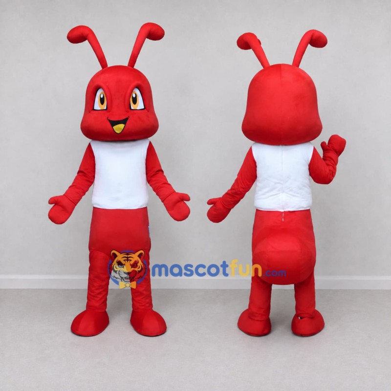Custom Red and White Ant Character in a T-Shirt Mascot Costume Adult Full Body Suit for School Events Custom Red and White Ant Character in a T-Shirt Mascot Costume Adult Full Body Suit for School Events