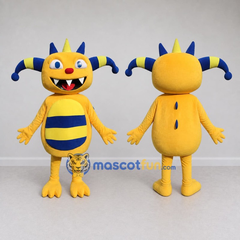 Custom Yellow and Blue Horned Monster Character Mascot Costume Adult Full Body Suit for Theme Parties Custom Yellow and Blue Horned Monster Character Mascot Costume Adult Full Body Suit for Theme Parties