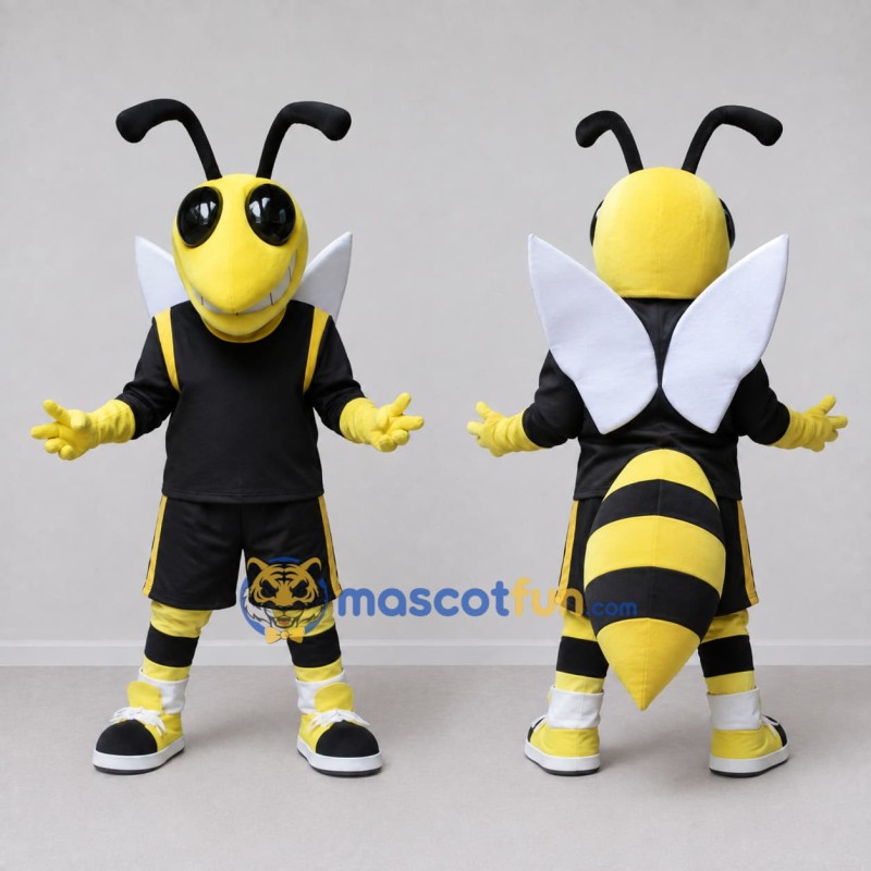 Custom Yellow and Black Wasp Character in Sportswear Mascot Costume Adult Full Body Suit for Sports Events Custom Yellow and Black Wasp Character in Sportswear Mascot Costume Adult Full Body Suit for Sports Events