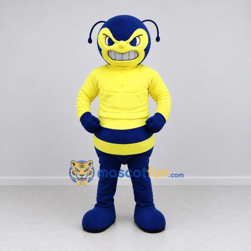 Custom Yellow and Blue Bee Character in a Sweatshirt Mascot Costume Adult Full Body Suit for Sports Events Custom Yellow and Blue Bee Character in a Sweatshirt Mascot Costume Adult Full Body Suit for Sports Events