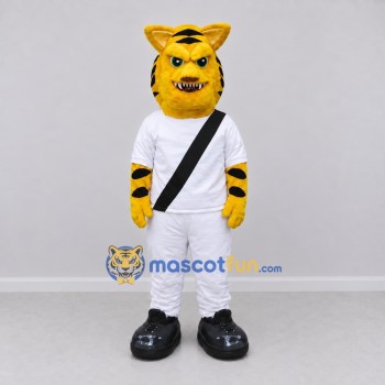 Custom Yellow and Black Tiger Character in Sportswear Mascot Costume Adult Full Body Suit for Sports Events Custom Yellow and Black Tiger Character in Sportswear Mascot Costume Adult Full Body Suit for Sports Events