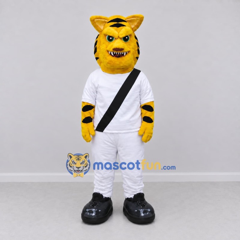Custom Yellow and Black Tiger Character in Sportswear Mascot Costume Adult Full Body Suit for Sports Events Custom Yellow and Black Tiger Character in Sportswear Mascot Costume Adult Full Body Suit for Sports Events
