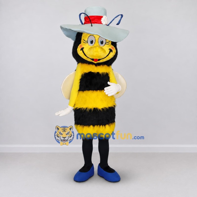 Custom Yellow and Black Bee Character with a Sun Hat Mascot Costume Adult Full Body Suit for Garden Events Custom Yellow and Black Bee Character with a Sun Hat Mascot Costume Adult Full Body Suit for Garden Events