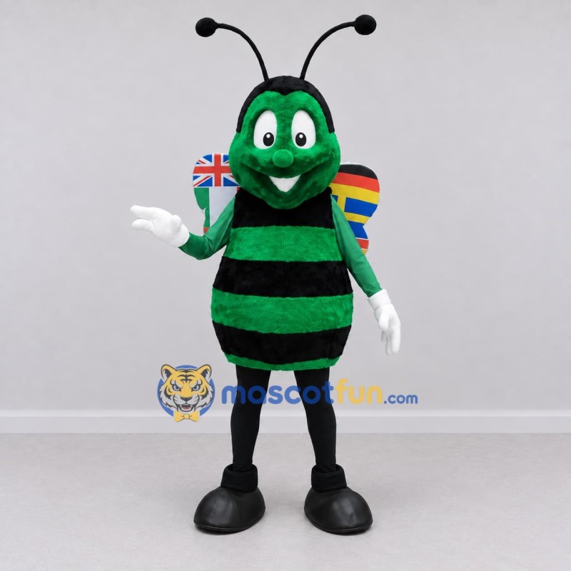 Custom Green and Black Bee Character with Multicolor Wings Mascot Costume Adult Full Body Suit for School Events Custom Green and Black Bee Character with Multicolor Wings Mascot Costume Adult Full Body Suit for School Events