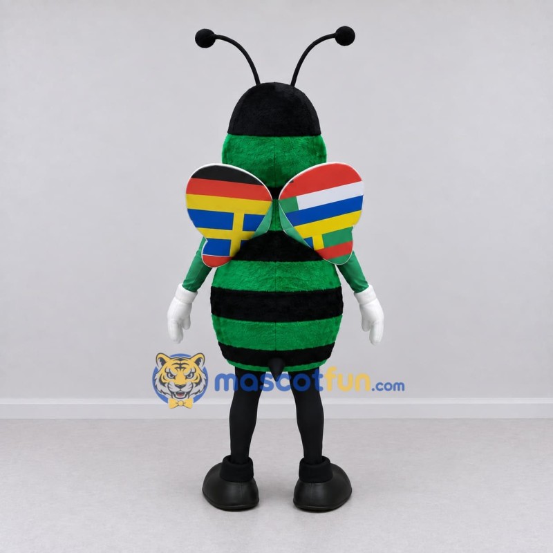 Custom Green and Black Bee Character with Multicolor Wings Mascot Costume Adult Full Body Suit for School Events Custom Green and Black Bee Character with Multicolor Wings Mascot Costume Adult Full Body Suit for School Events