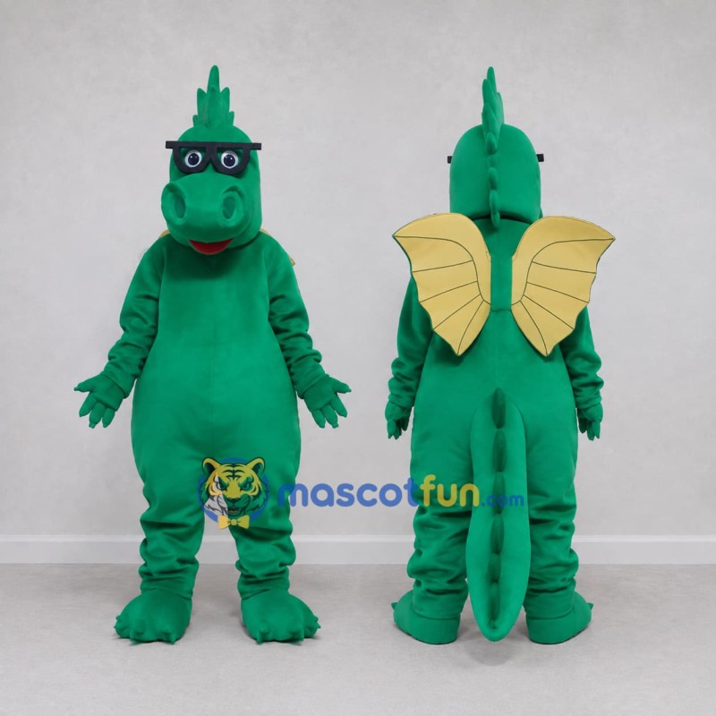 Custom Green and Yellow Winged Dragon Character with Sunglasses Mascot Costume Adult Full Body Suit for Theme Parties Custom Green and Yellow Winged Dragon Character with Sunglasses Mascot Costume Adult Full Body Suit for Theme Parties