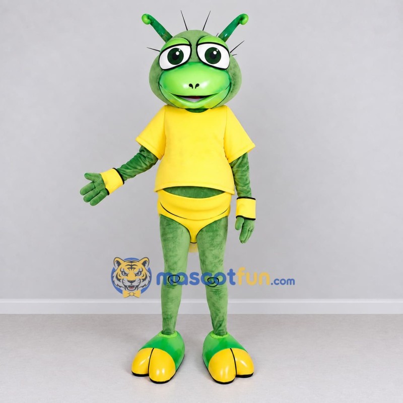 Custom Green and Yellow Grasshopper Character in a T-Shirt Mascot Costume Adult Full Body Suit for School Events Custom Green and Yellow Grasshopper Character in a T-Shirt Mascot Costume Adult Full Body Suit for School Events