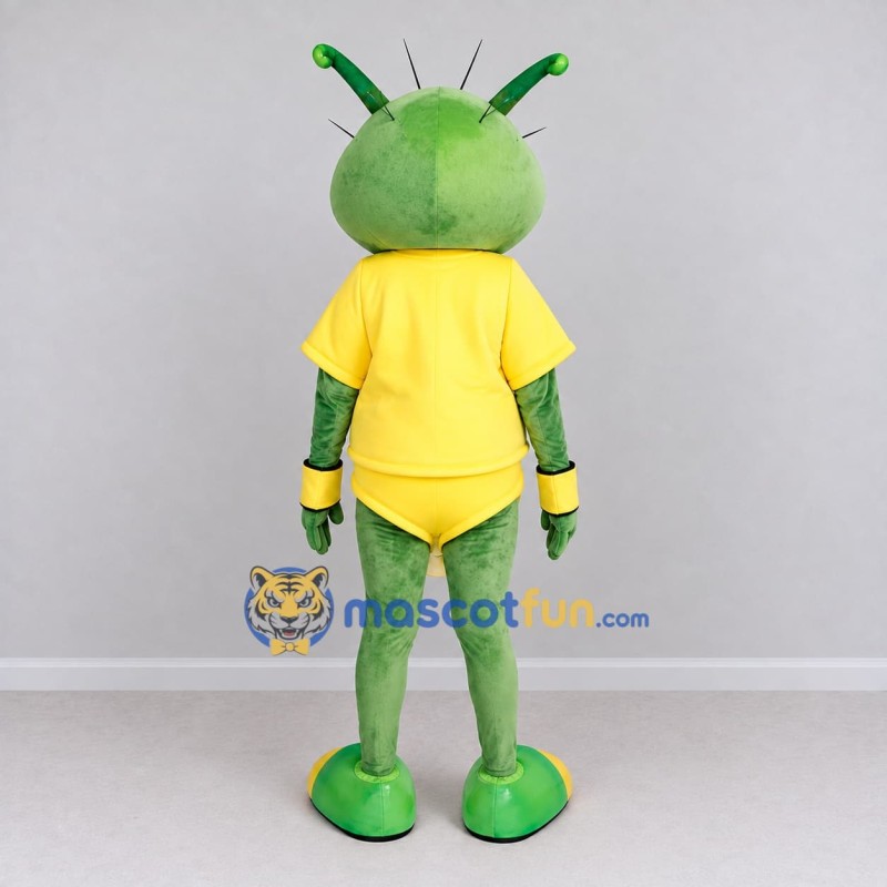 Custom Green and Yellow Grasshopper Character in a T-Shirt Mascot Costume Adult Full Body Suit for School Events Custom Green and Yellow Grasshopper Character in a T-Shirt Mascot Costume Adult Full Body Suit for School Events