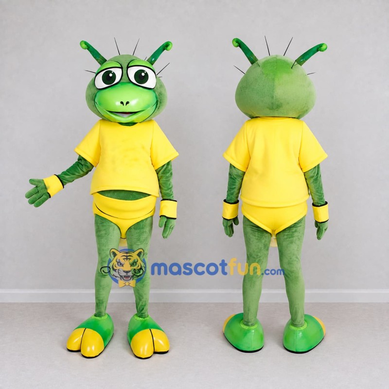Custom Green and Yellow Grasshopper Character in a T-Shirt Mascot Costume Adult Full Body Suit for School Events Custom Green and Yellow Grasshopper Character in a T-Shirt Mascot Costume Adult Full Body Suit for School Events