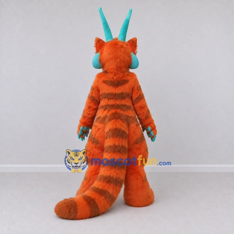 Custom Orange and Teal Horned Tiger Monster Character Mascot Costume Adult Full Body Suit for Theme Parties Custom Orange and Teal Horned Tiger Monster Character Mascot Costume Adult Full Body Suit for Theme Parties