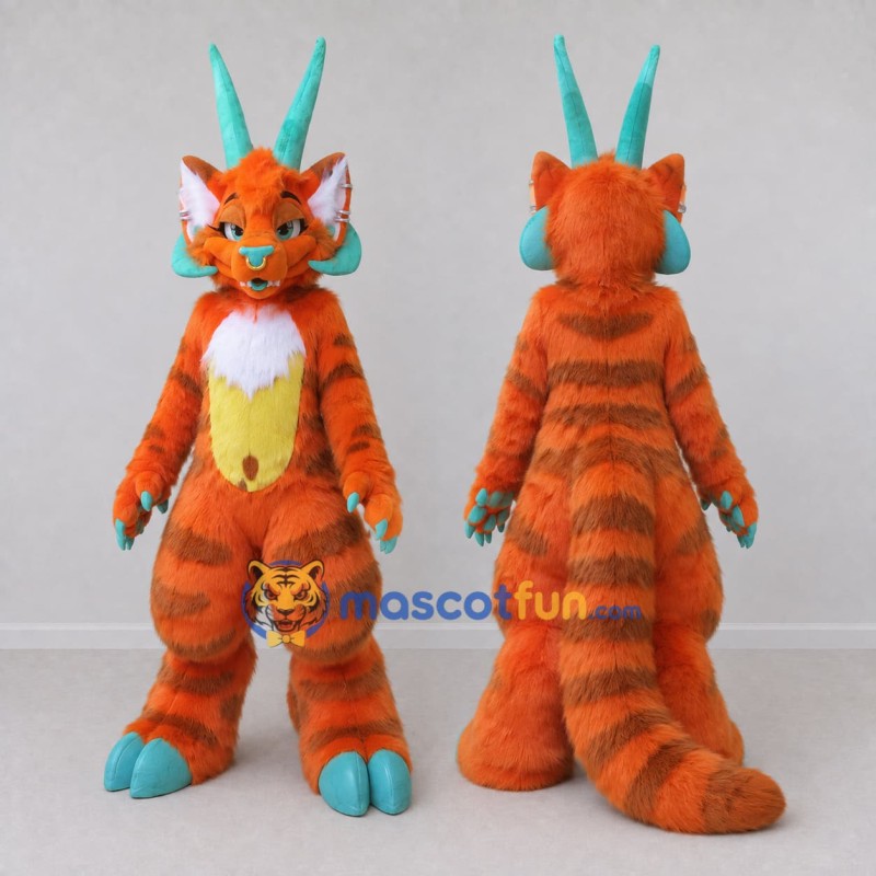 Custom Orange and Teal Horned Tiger Monster Character Mascot Costume Adult Full Body Suit for Theme Parties Custom Orange and Teal Horned Tiger Monster Character Mascot Costume Adult Full Body Suit for Theme Parties