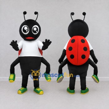 Custom Black Red and White Ladybug Character in a T-Shirt Mascot Costume Adult Full Body Suit for Garden Events