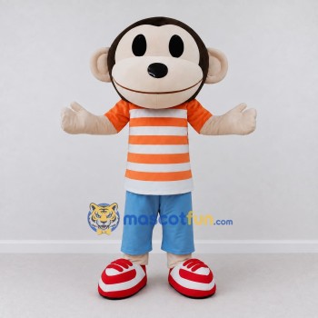 Custom Brown and Orange Monkey Character in a Striped Shirt Mascot Costume Adult Full Body Suit for School Events Custom Brown and Orange Monkey Character in a Striped Shirt Mascot Costume Adult Full Body Suit for School Events