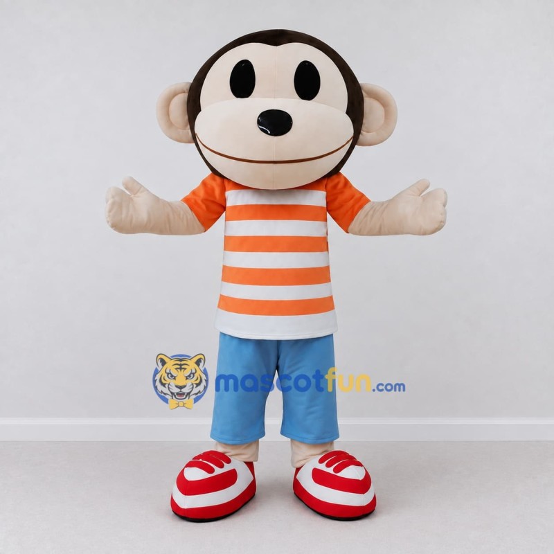 Custom Brown and Orange Monkey Character in a Striped Shirt Mascot Costume Adult Full Body Suit for School Events Custom Brown and Orange Monkey Character in a Striped Shirt Mascot Costume Adult Full Body Suit for School Events