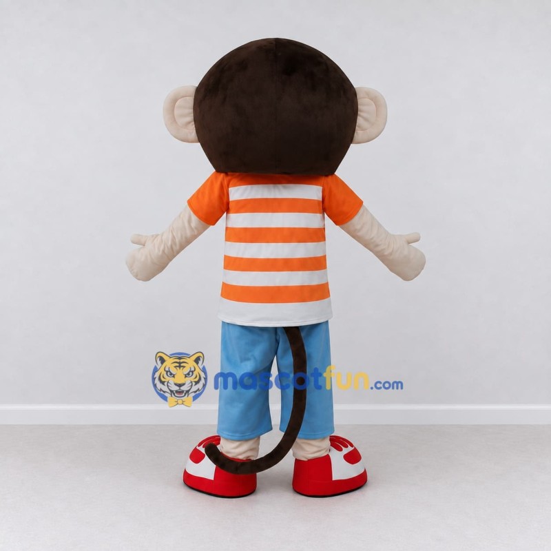 Custom Brown and Orange Monkey Character in a Striped Shirt Mascot Costume Adult Full Body Suit for School Events Custom Brown and Orange Monkey Character in a Striped Shirt Mascot Costume Adult Full Body Suit for School Events