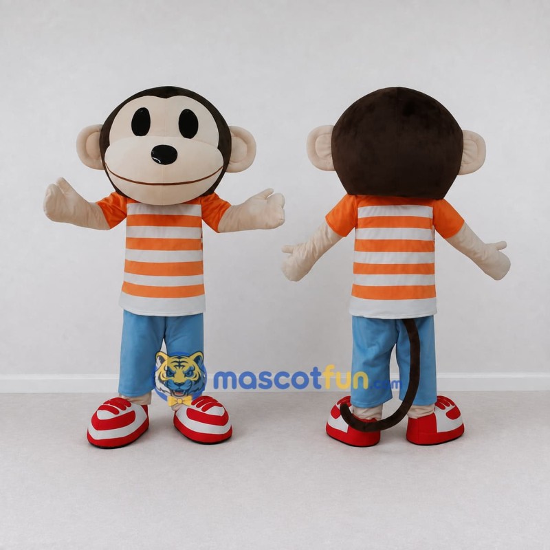 Custom Brown and Orange Monkey Character in a Striped Shirt Mascot Costume Adult Full Body Suit for School Events Custom Brown and Orange Monkey Character in a Striped Shirt Mascot Costume Adult Full Body Suit for School Events
