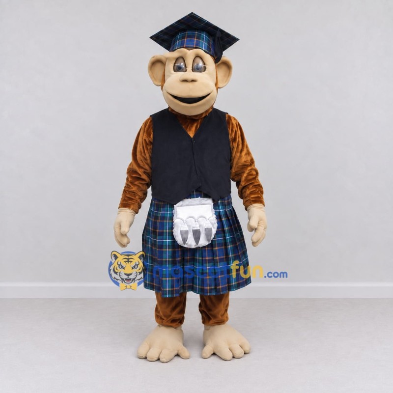 Custom Brown and Blue Monkey Character in a Tartan Kilt Mascot Costume Adult Full Body Suit for Theme Parties Custom Brown and Blue Monkey Character in a Tartan Kilt Mascot Costume Adult Full Body Suit for Theme Parties
