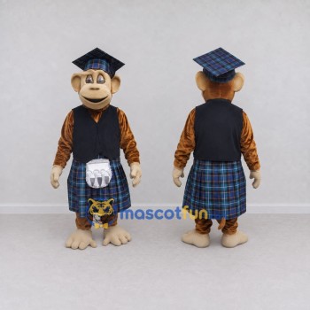 Custom Brown and Blue Monkey Character in a Tartan Kilt Mascot Costume Adult Full Body Suit for Theme Parties