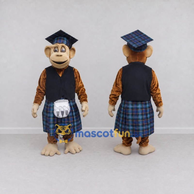 Custom Brown and Blue Monkey Character in a Tartan Kilt Mascot Costume Adult Full Body Suit for Theme Parties Custom Brown and Blue Monkey Character in a Tartan Kilt Mascot Costume Adult Full Body Suit for Theme Parties