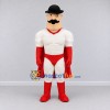 Custom Red and Cream Mustached Superhero Character Mascot Costume Adult Full Body Suit for Theme Parties Custom Red and Cream Mustached Superhero Character Mascot Costume Adult Full Body Suit for Theme Parties